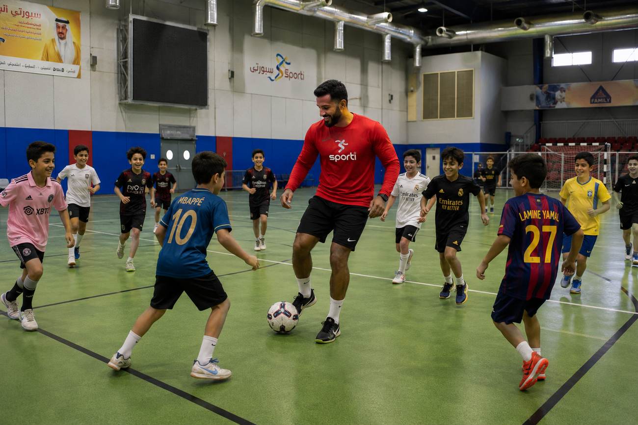 An Ashbal coach on the ball with a group of boys on the indoor court
