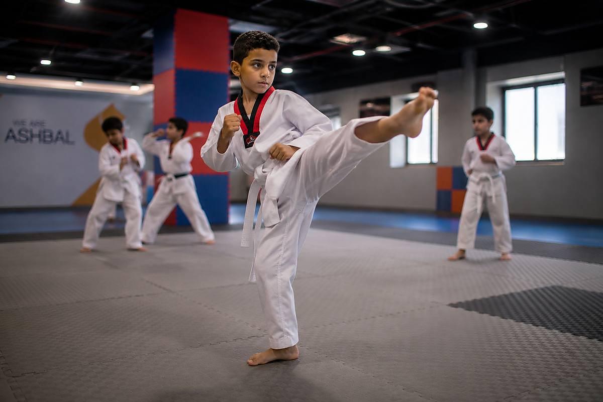 A boy mid-kick in a taekwondo session at Ashbal