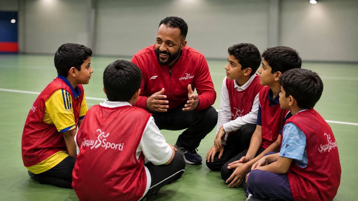 An Ashbal coach talking a group of boys through a session