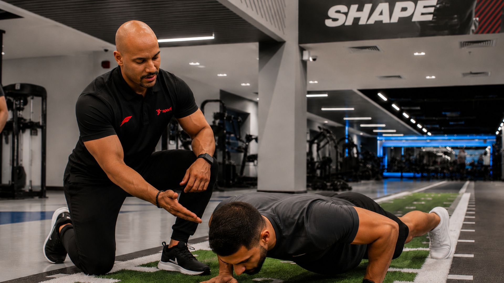 A Sporti coach correcting a member mid-set