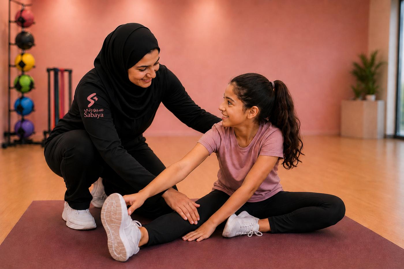 A Sabaya coach kneeling beside a girl on a mat