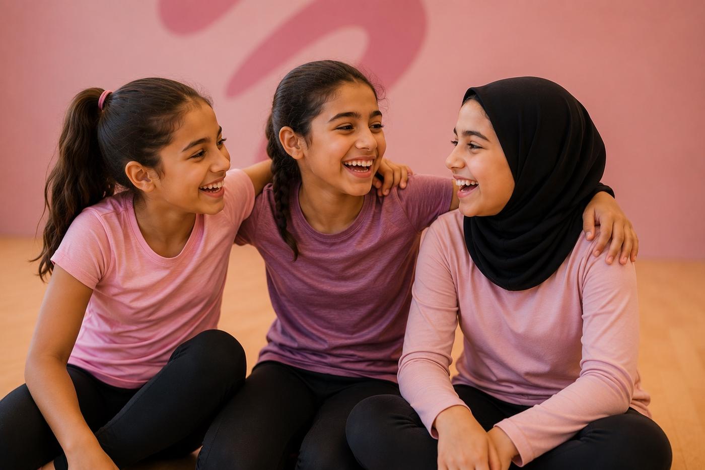 Three girls sitting together on the Sabaya floor, laughing